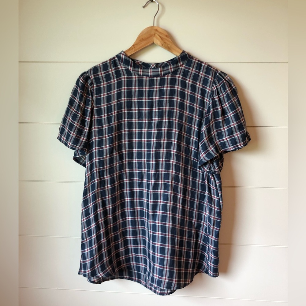 Loft Plaid Blue Red Blouse Womens M